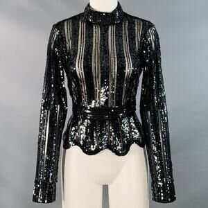 DEREK LAM Size 6 Black Polyester Sequined Stripe Mock Neck Dress Top